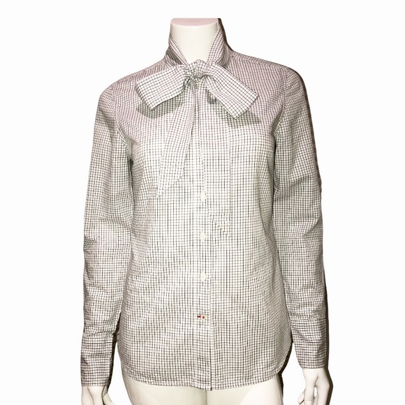 * SOLD * Tommy Hilfiger Pussy Bow Windowpane Print Button front Cotton Shirt - S - Picture 2 of 14